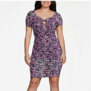 Madden NYC Black Pink Floral Knotted Cut-out Front Ruched Short Sleeve Dress L